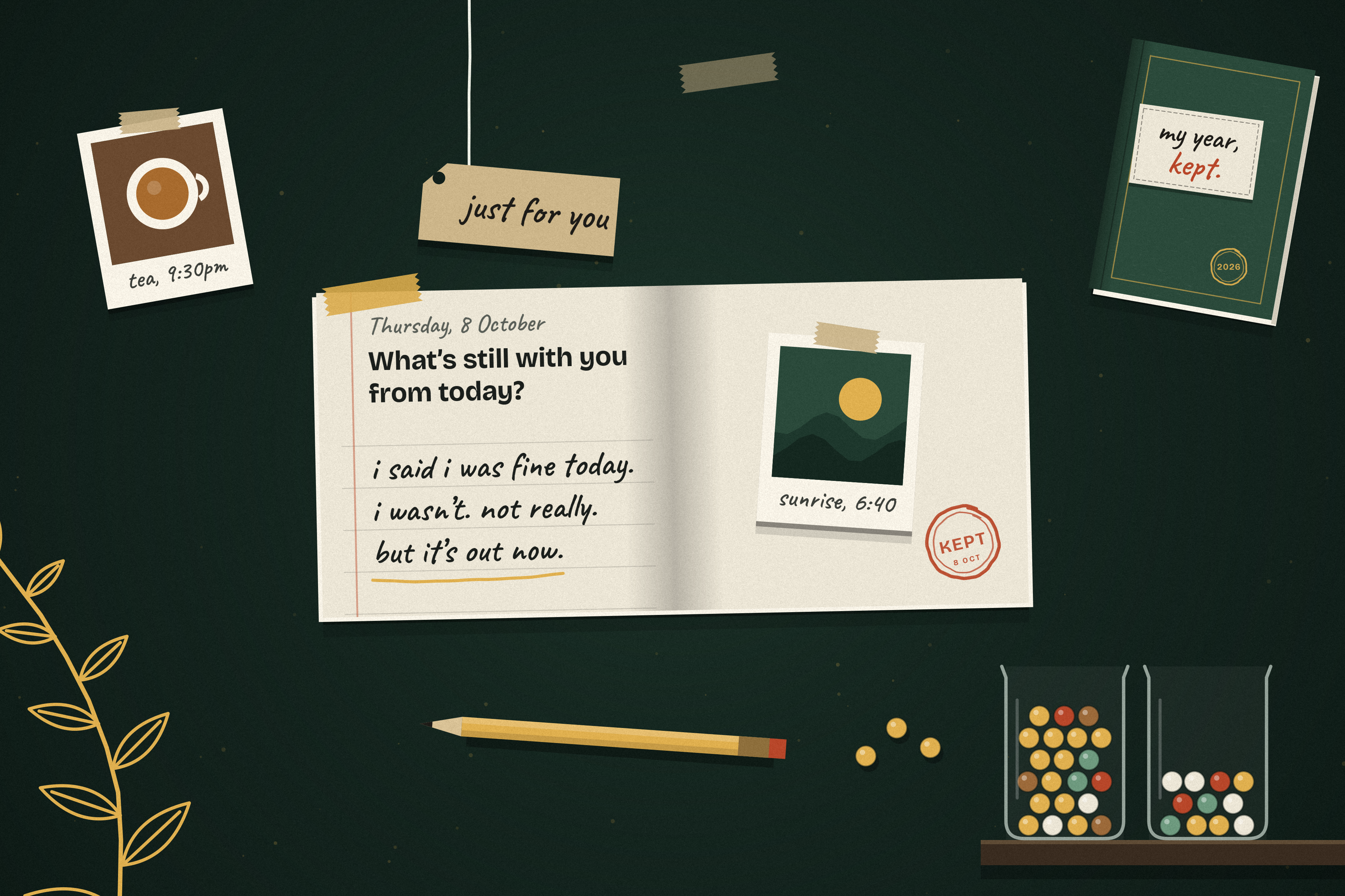 Stillroom personal journal interface on iPad and iPhone showcasing calm handwritten aesthetic on herb-green background