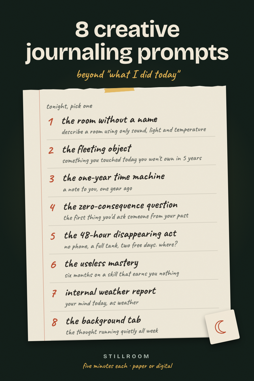 A list of 8 creative journaling prompts handwritten on a paper page, from "the room without a name" to "the background tab".