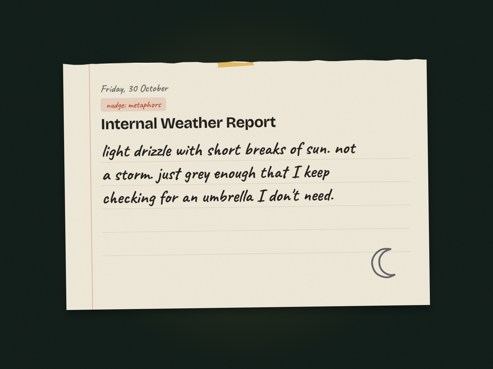 A journal page titled "Internal Weather Report" describing the writer's mood as light drizzle with short breaks of sun.