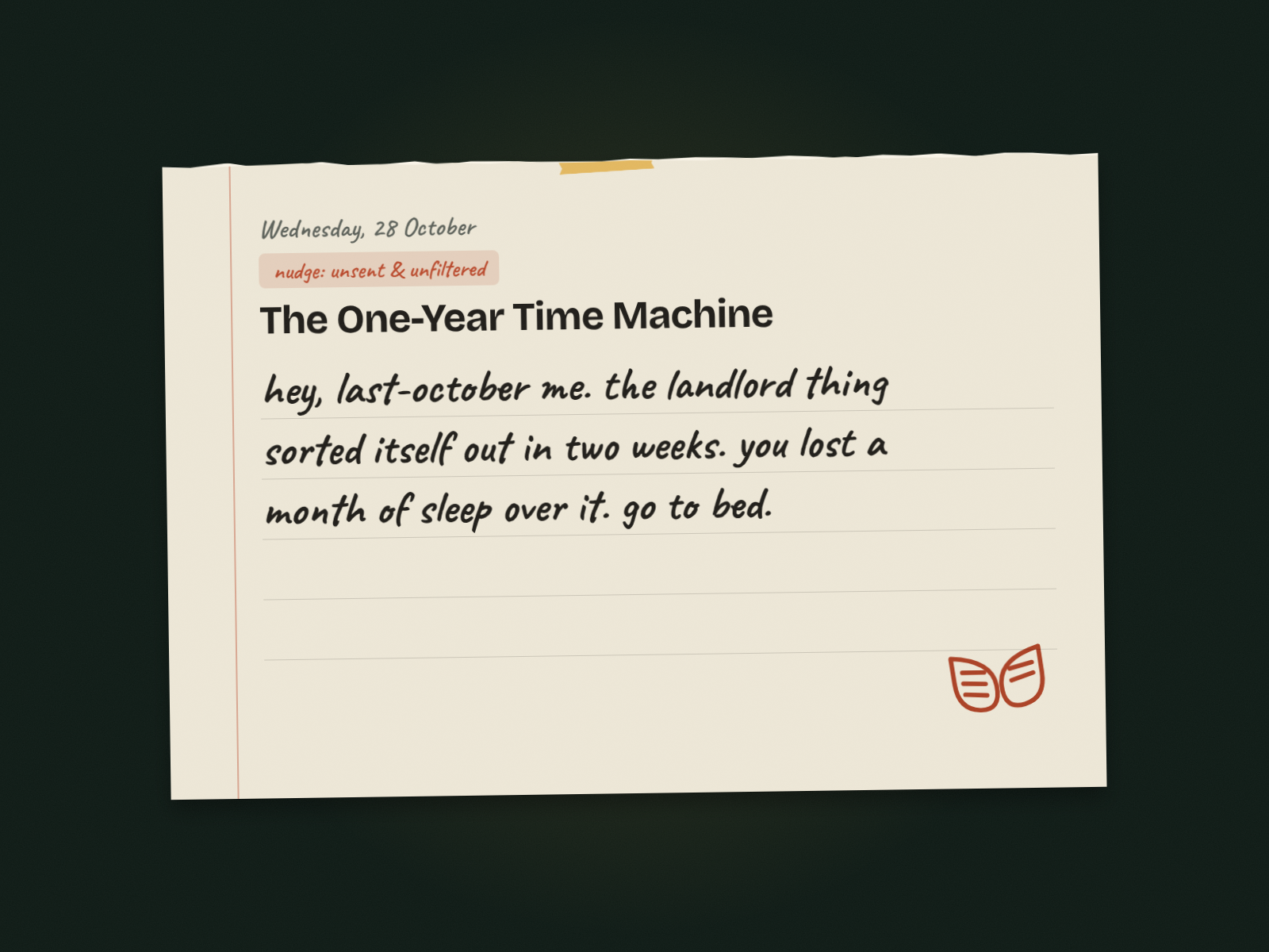 A journal page titled "The One-Year Time Machine" with a short handwritten note to the writer's self from a year ago.